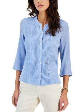 Tommy Hilfiger 3/4 Sleeve Cotton Pintuck & Embroidered Shirt; NWT, Sz. S